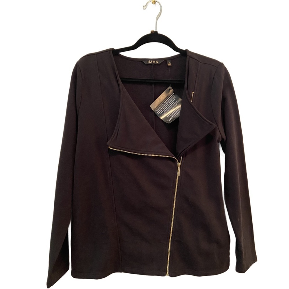 Iman Global Chic Soft French Terry Long Sleeve Moto Jacket Black Size Sm…